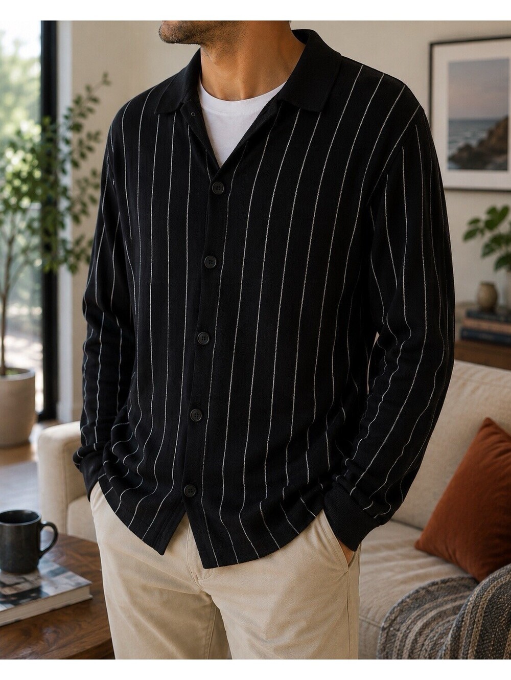 NWOT Brandini Men’s Button Front Knit Cardigan Black Pinstripe Cotton XL